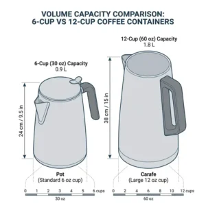 A side-by-side size comparison between a compact coffee pot 6 cup and a large 12 cup carafe.