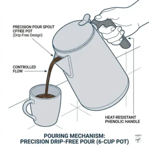 Illustration of the precision drip-free pouring spout on a classic coffee pot 6 cup.