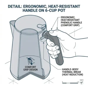 Close-up view of the ergonomic and heat-resistant handle on a coffee pot 6 cup.