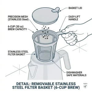 An exploded view showing the internal stainless steel filter basket of a coffee pot 6 cup.