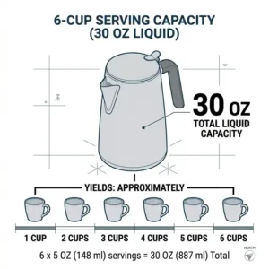 Infographic showing that a coffee pot 6 cup yields exactly 30 ounces of brewed coffee.