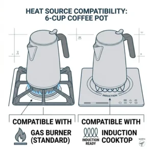 Graphic showing a coffee pot 6 cup being used on both gas and induction stovetop burners.