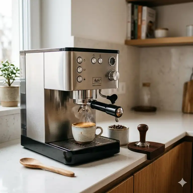 A premium stainless steel espresso machine and one of the best coffee makers made in germany sitting on a modern kitchen counter.