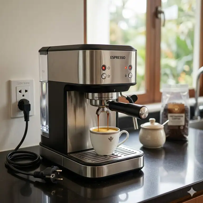 A professional espresso machine and a 220v coffee maker brewing fresh coffee on a modern kitchen countertop.