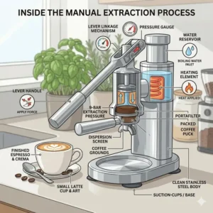 A detailed infographic illustrating the pressure mechanics inside a best manual espresso maker during the extraction process.