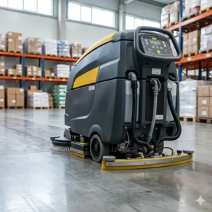 Industrial commercial automatic floor scrubber dryer used for maintaining large warehouse floors.