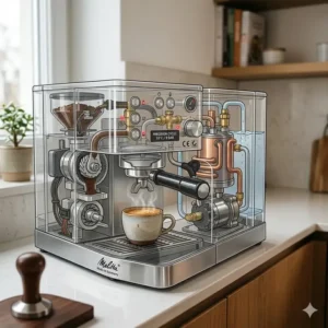 An illustration showing the internal high-quality components and precision engineering of coffee makers made in germany.