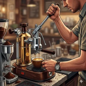 Close-up of a barista manually pulling a shot using the best lever espresso machine for perfect extraction.