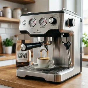 A high-end german espresso maker sitting on a modern kitchen counter next to a bowl of fresh coffee beans.