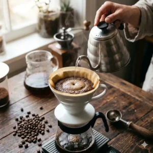 Barista pouring hot water over fresh grounds to brew the best pour over coffee beans.