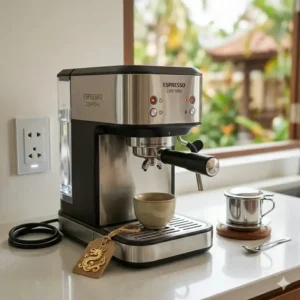 Detailed view of a European power plug connected to a high-quality 220v coffee maker for international use.