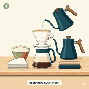 A detailed diagram showing the necessary equipment and setup for making hand brew coffee.