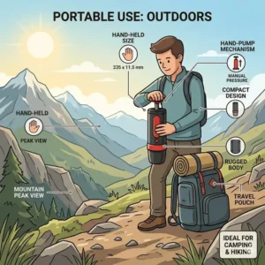 A person using a portable, compact best manual espresso maker while camping on a mountain trail.
