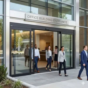 High-traffic commercial automatic sliding glass doors at the entrance of a modern office building.