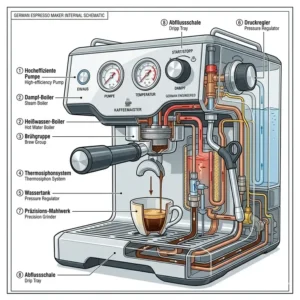 A detailed illustration showing the internal boiler and precision pump system of a german espresso maker.