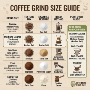 A detailed infographic display of different sizes highlighting the best grind for pour over coffee.