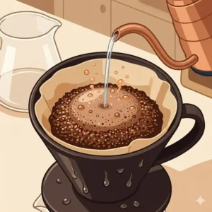 Close-up of the blooming process during the preparation of single pour over coffee.