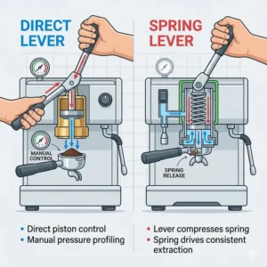An educational diagram comparing different internal mechanisms of the best lever espresso machine types.