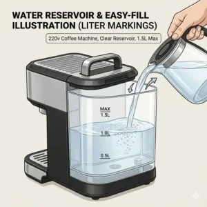 Illustration of the transparent water reservoir and liter markings on a modern 220v coffee maker.