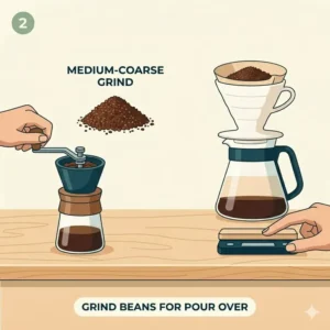 An illustration showing the medium-coarse coffee grounds texture needed for hand brew coffee.