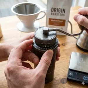 Close-up of a manual grinder being set to the best grind for pour over coffee.