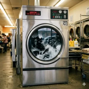Heavy-duty commercial automatic washing machine operating in a professional laundromat facility.