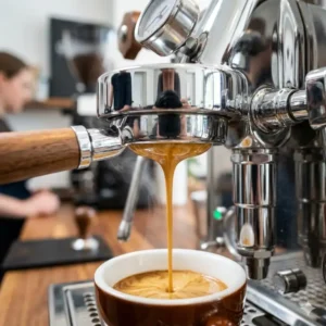 Rich golden crema pouring into a glass cup from the bottomless portafilter of the best lever espresso machine.