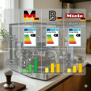 An infographic comparing the energy efficiency ratings and power consumption of various coffee makers made in germany.
