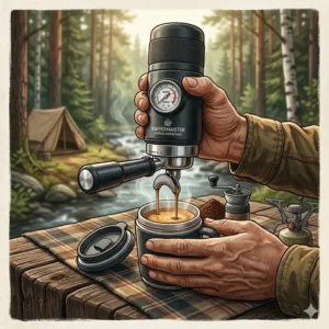 A compact, manual german espresso maker being used outdoors during a camping trip to create crema-rich coffee.