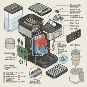 Technical exploded view diagram showing the rapid heating coil system inside a 220v coffee maker.
