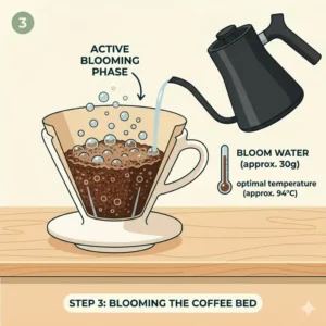 Close-up illustration of the gas bubbles escaping during the bloom phase of hand brew coffee.