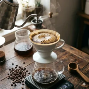The coffee blooming stage using the best pour over coffee beans to release aromatic gases.