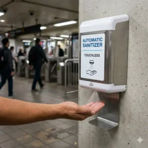 Wall-mounted touchless commercial automatic hand sanitizer dispenser for public health safety.