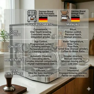 A side-by-side comparison illustration of automatic and manual coffee makers made in germany.