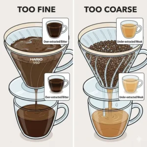 Comparison between poor extraction and the best grind for pour over coffee results.