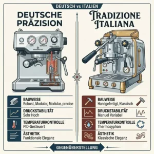 An infographic comparing the design aesthetics and pressure stability of a german espresso maker versus a traditional Italian model.
