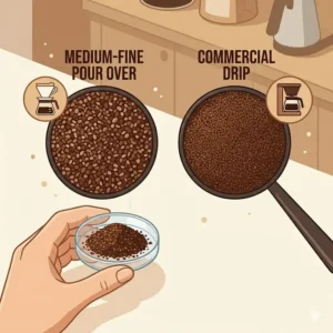 Medium-fine grounds texture specifically prepared for single pour over coffee brewing.