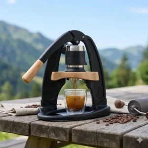 A compact and travel-friendly version of the best lever espresso machine placed on a wooden picnic table.