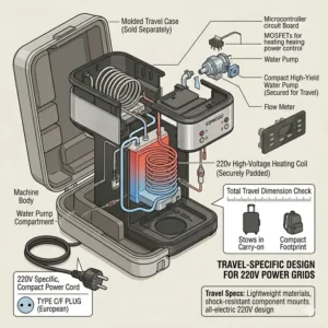 A compact and portable 220v coffee maker packed in a travel case for international trips.