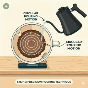 Top-down view diagram showing the steady circular pouring motion for hand brew coffee.