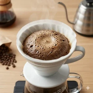 Fresh coffee grounds gasping during the bloom phase using the best grind for pour over coffee.