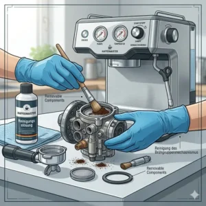 A person cleaning the removable brew group of a german espresso maker to maintain coffee quality.