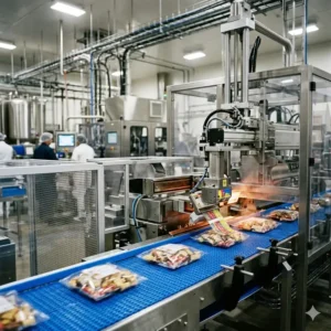 High-speed commercial automatic packaging conveyor system in a food production plant.