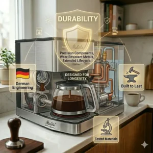 Illustration symbolizing the long-lasting build quality and exceptional durability of coffee makers made in germany.