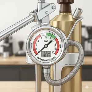 Close-up of the analog pressure gauge on the best lever espresso machine showing 9 bars of pressure.