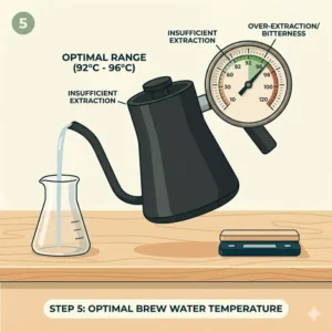 Graphic showing a thermometer at the perfect temperature range for extracting hand brew coffee.