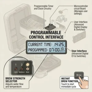 Close-up of the digital control panel and programmable settings of a 220v coffee maker.