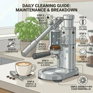 An illustration showing the simple maintenance and disassembly of a best manual espresso maker for cleaning.
