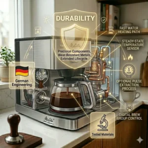 A diagram explaining the unique water heating and advanced brewing technology used in coffee makers made in germany.