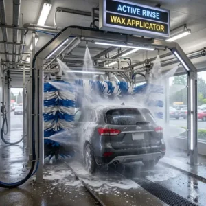 Advanced commercial automatic car wash system with high-pressure jets and rotating brushes.
